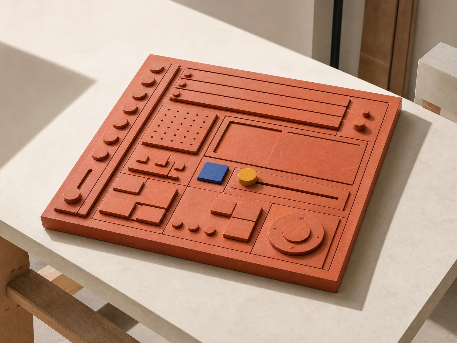 Physical interface plate on a Bauhaus workbench
